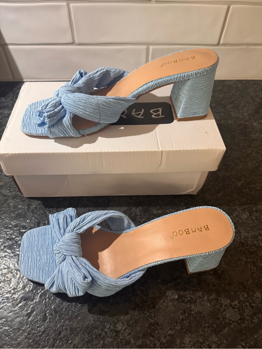 BAMBOO Light Blue Knotted Block Heel Mules